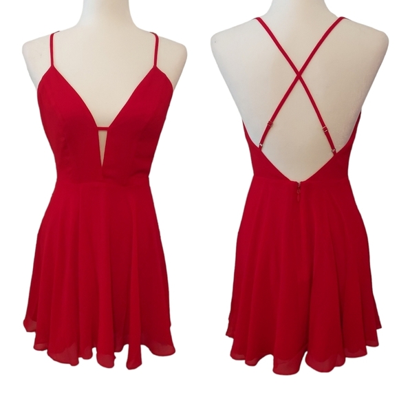 Bebe NEW Cross Back Chiffon Skater Dress Red Size 4 - Picture 3 of 17